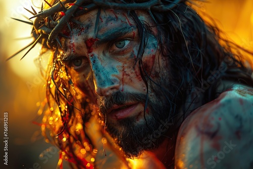 sad face of Jesus Christ with crown of thorns