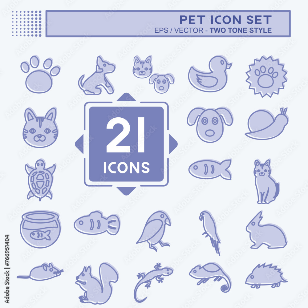 Pet Icon Set in trendy two tone style isolated on soft blue background