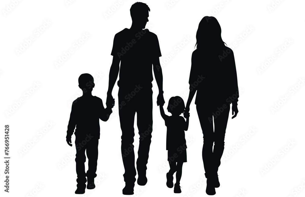 Happy family Walking silhouette, Happy young family holding hands vector silhouette
