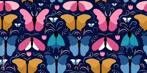 Vector seamless pattern of colorful butterflies of different shapes on a dark blue background. Beautiful trendy background for packaging, fabric, wallpaper.