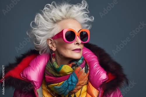 Fashionable blonde woman in pink sunglasses and colorful scarf. Studio shot.