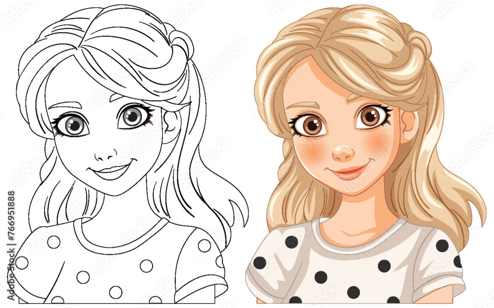 Illustration of a girl, black and white to color Illustration of a girl, black and white to color
