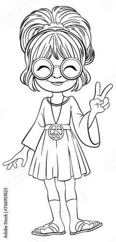 Cartoon girl in vintage dress showing peace sign.