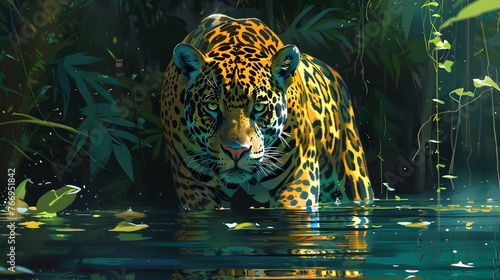Majestic Jaguar Stalking through the Lush Amazon Rainforest Waterscape © Thares2020