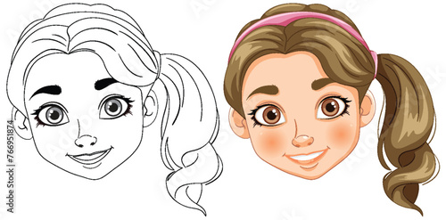 Vector illustration of a girl, black and white to color