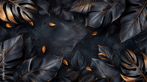 A dark background with shimmering gold accents, adorned with intricate black leaves scattered throughout