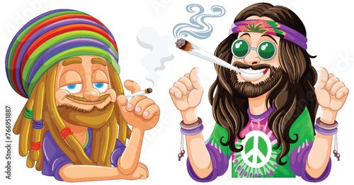 Two cartoon hippies smoking and smiling together.