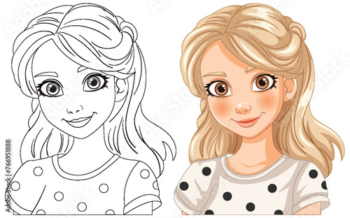 Illustration of a girl, black and white to color