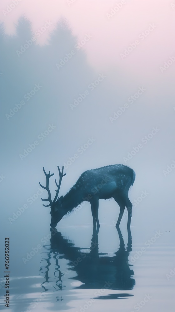 Graceful Deer Silhouette Drinking from Misty Morning Lake Reflecting Serene Wilderness Landscape
