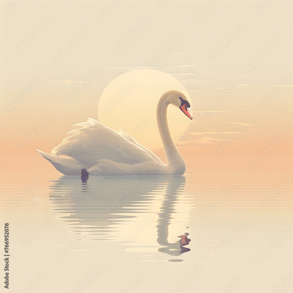 Fototapeta premium A Graceful Swan Serenely Floating on a Glassy Lake at Sunset