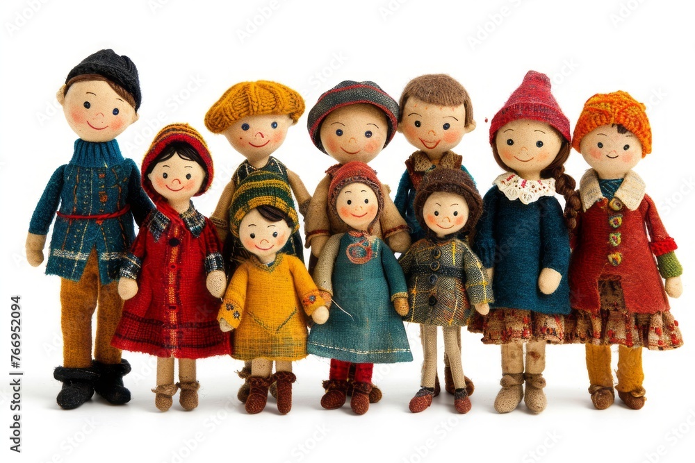 A diverse group of artisanal dolls dressed in folk costumes A diverse group of artisanal dolls dressed in folk costumes