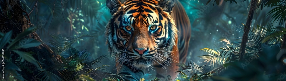 Obraz premium A Fierce Tiger Stalking Through the Lush Jungle Embodiment of Power and Ferocity in Breathtaking Digital