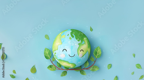 Happy Earth Day, children's drawing of a happy, smiling planet earth with green tree branches on a blue background with copy space, for celebrating environmental safety