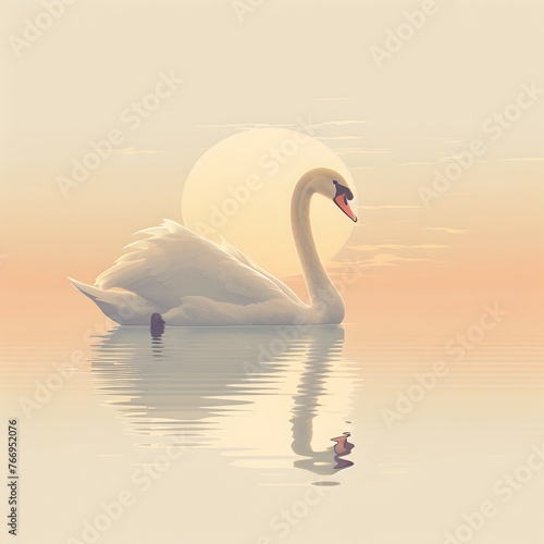 A Graceful Swan Serenely Floating on a Glassy Lake at Sunset