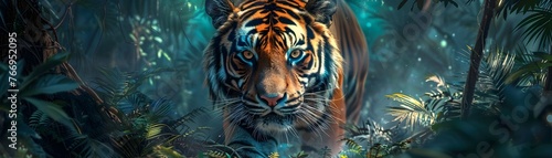 A Fierce Tiger Stalking Through the Lush Jungle Embodiment of Power and Ferocity in Breathtaking Digital