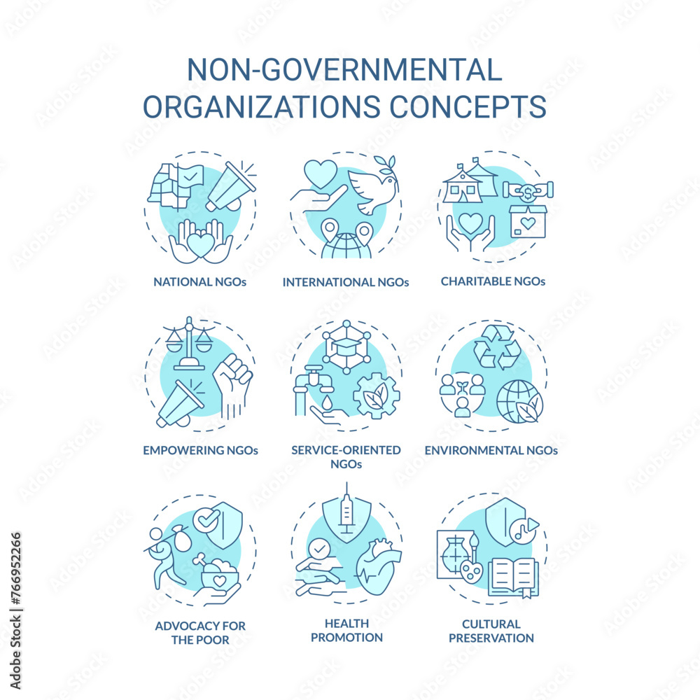 Non-governmental organizations soft blue concept icons. Fighting for human rights. Social justice. Humanitarian aid. Icon pack. Vector images. Round shape illustrations. Abstract idea