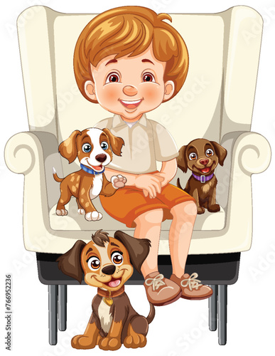 Smiling boy sitting with three cute dogs