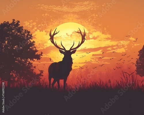 A captivating depicting a majestic stag silhouetted against a vibrant golden sunset sky The stag's proud antlers reach skyward © Thares2020