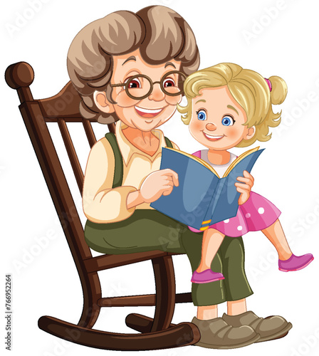 Elderly woman and young girl enjoying a book together