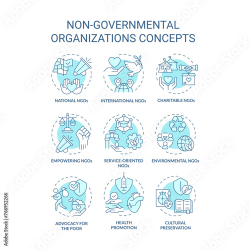 Non-governmental organizations soft blue concept icons. Fighting for human rights. Social justice. Humanitarian aid. Icon pack. Vector images. Round shape illustrations. Abstract idea