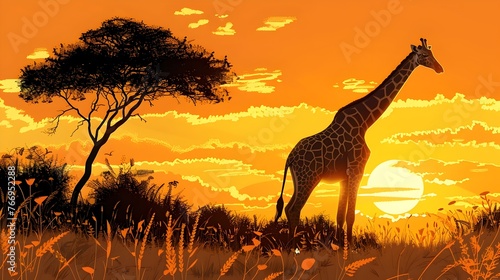Graceful Giraffe Silhouette Dining on Savannah Treetops at Vibrant Sunset