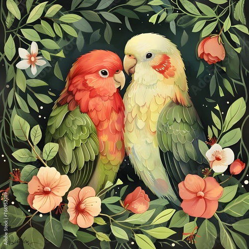 Lovebirds Nestled in Lush Floral Paradise Romance in Vibrant Tropical