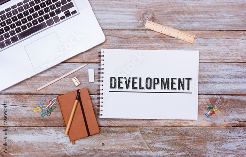 Development, office desk flat lay