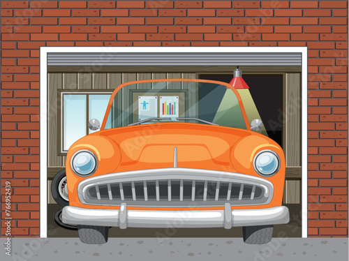 Classic orange car inside a residential garage