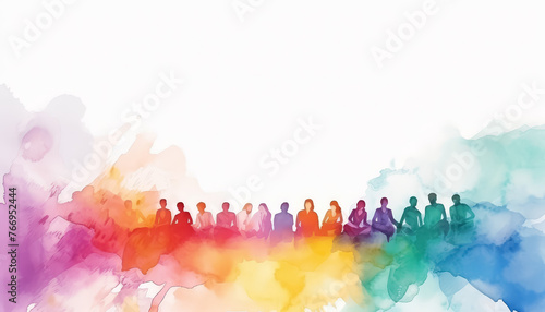 A group of people sitting on a ledge with a rainbow background