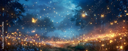 Mesmerizing Summer Night with Glowing Fireflies Illuminating the Enchanted Forest Landscape