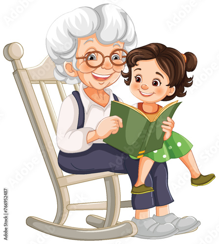 An elderly woman and young girl reading a book together.