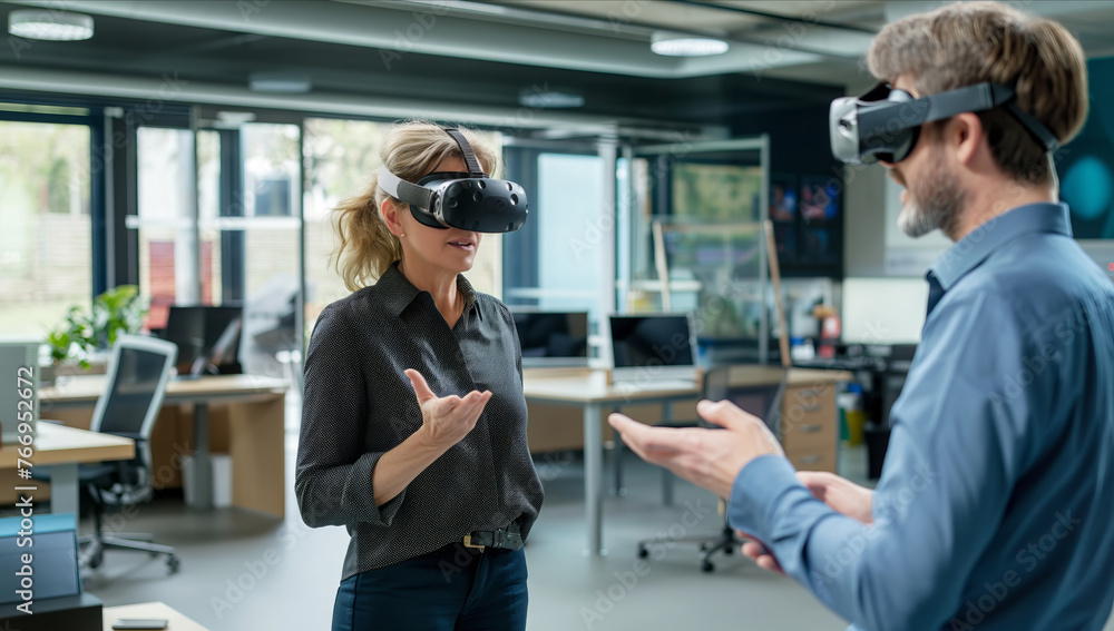 Fototapeta premium A man and a woman are seated in an office environment, wearing virtual reality