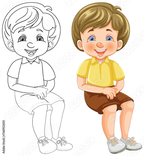 Illustration of a cheerful boy sitting, colored and outlined.