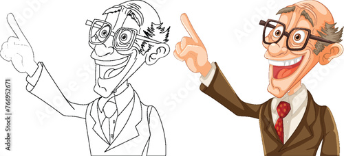 Colorful and line art illustrations of a happy professor