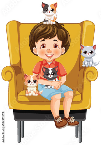 Smiling boy sitting with four cute cats on chair.