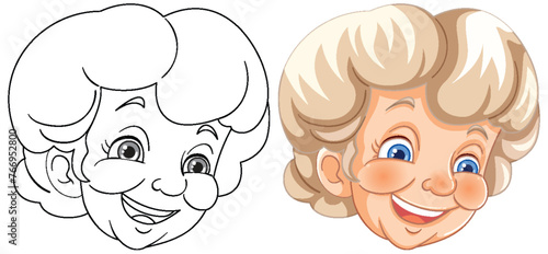 Black and white and colored illustrations of a happy elderly woman.