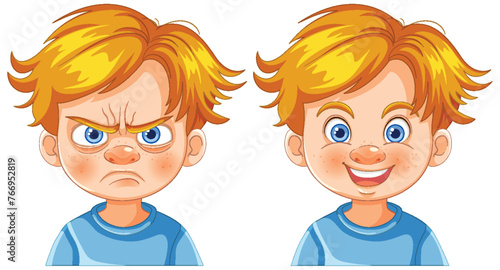 Illustration of a boy showing anger and happiness.