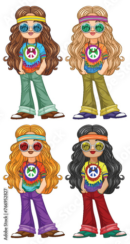 Four stylish girls in colorful retro outfits.