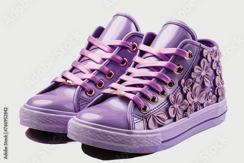 Pair of purple stylish sneakers isolated on white background 
