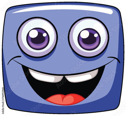A happy square character with big eyes smiling.