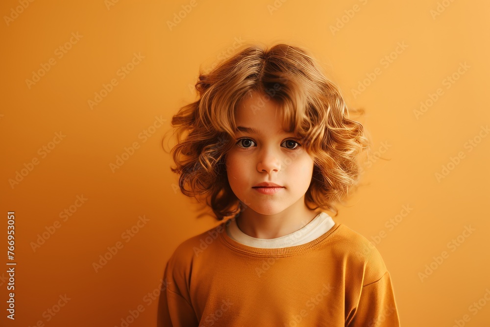 Portrait of a cute little boy with curly hair on a orange background. Portrait of a cute little boy with curly hair on a orange background.