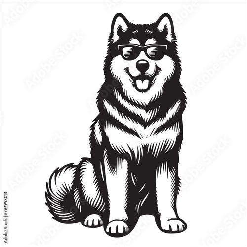 Alaskan Malamute dog sitting wearing sunglasses Vector illustration in black and white 