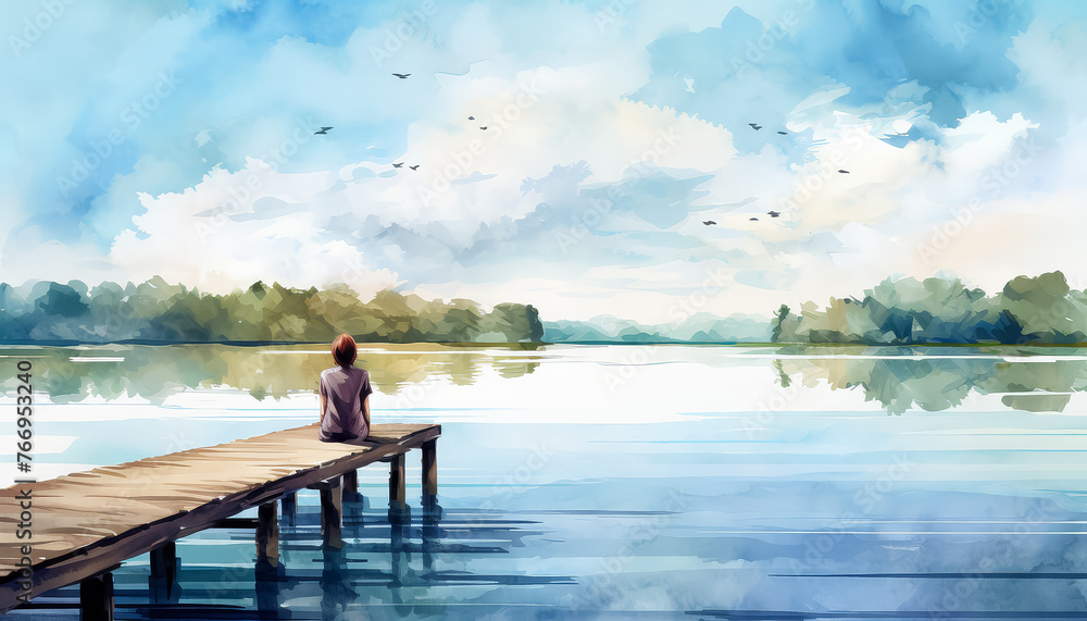 A woman sits on a dock by a lake, watching the sun set - obrazy, fototapety, plakaty 