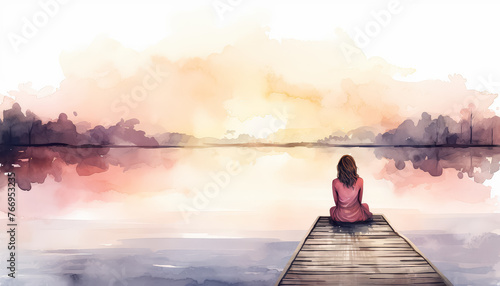 A woman sits on a dock by a lake, watching the sun set
