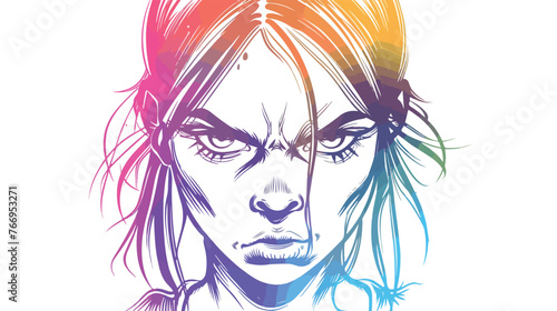 Rainbow gradient line drawing of a cartoon angry woma