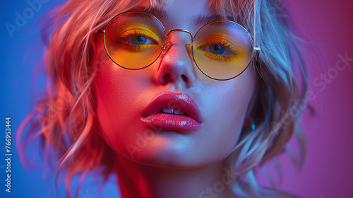 Fashion young girl model with short hair and glasses on a gradient background