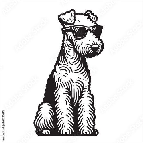 Airedale Terrier dog sitting wearing sunglasses Vector illustration in black and white 
