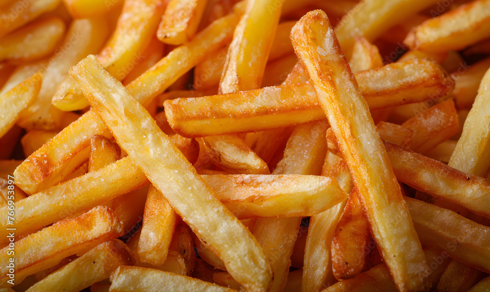 Golden crispy French fries close-up with salt crystals Golden crispy French fries close-up with salt crystals