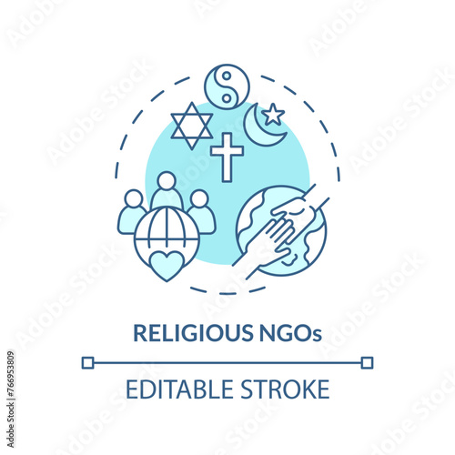 Religious NGOs soft blue concept icon. Non governmental organization. Faith based coalition. Humanitarian aid. Round shape line illustration. Abstract idea. Graphic design. Easy to use in article