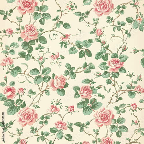 Vintage rose floral pattern wallpaper in pink and green on a cream background, with small roses, leaves and vines